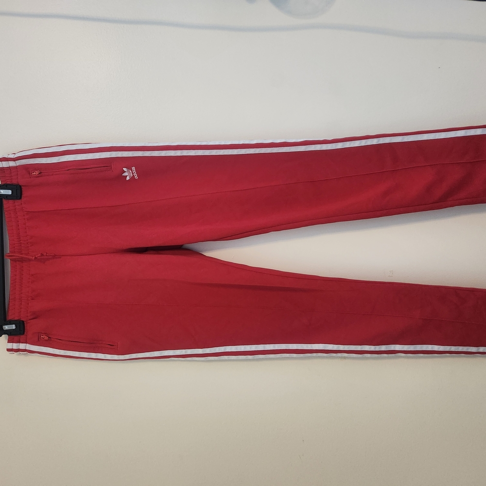 Adidas Red Track Pants with White Stripes